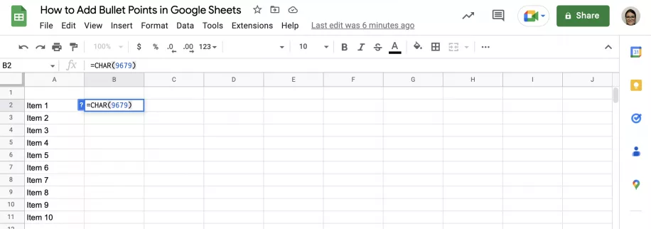 How to Add Bullet Points in Google Sheets 4 Ways CHAR9679