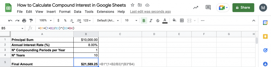 How to Calculate Compound Interest in Google Sheets Final Amount Value