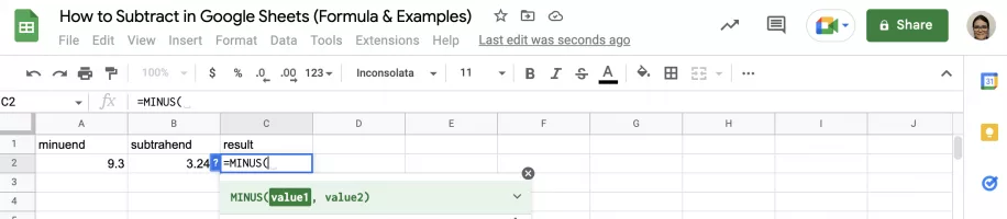 How to Subtract in Google Sheets Formula Examples Add MINUS Function