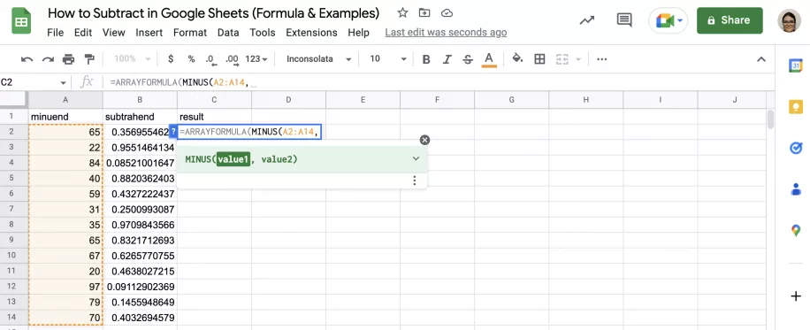 How to Subtract in Google Sheets Formula Examples Select Minuends