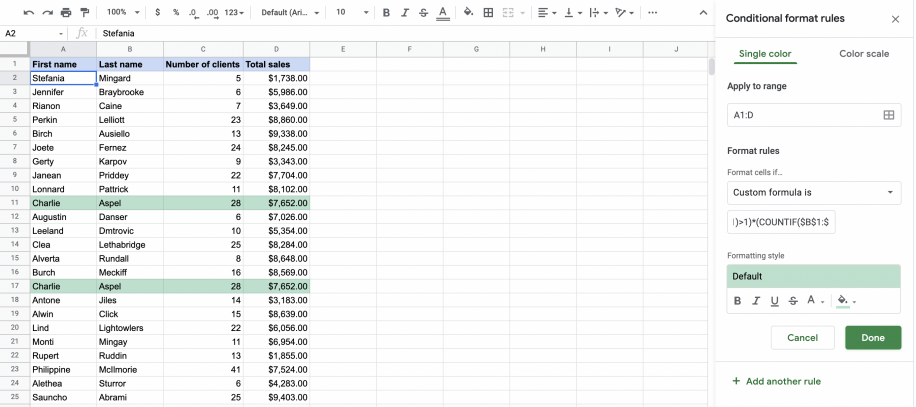 How to use conditional formatting in Google Sheets custom formula find duplicates in multiple columns