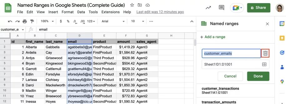 Named Ranges in Google Sheets Complete Guide Click Trash Icon