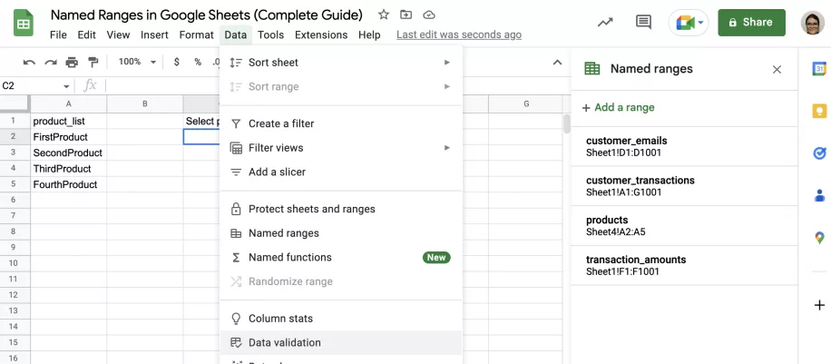 Named Ranges in Google Sheets Complete Guide Data Data Validation